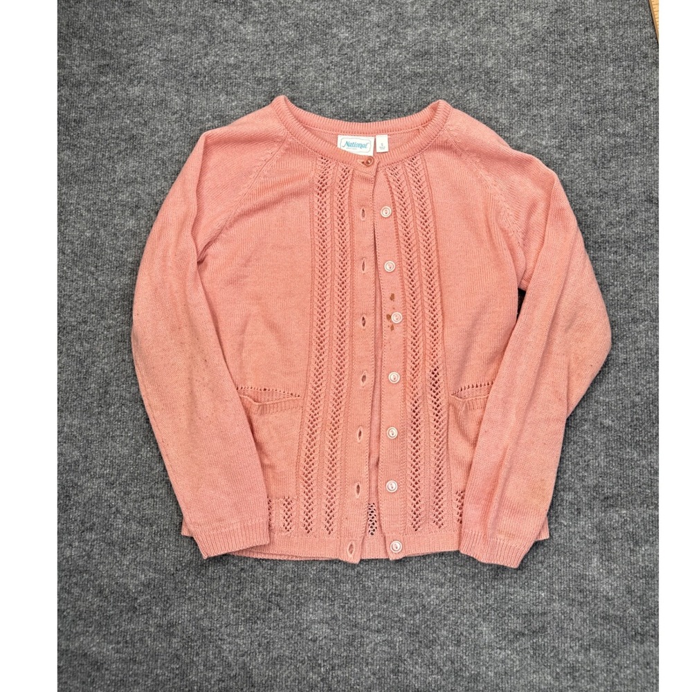 National Pink Pointelle Knit Cardigan‎ Sweater Womens Small Peach Acrylic 1698